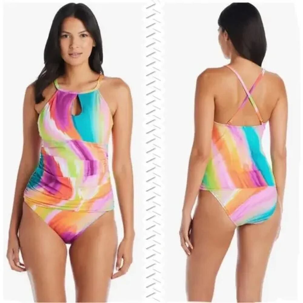 Bleu Rod Beattie Splash Out Tankini Top High Neck Keyhole Multicolor Size 8 NWT